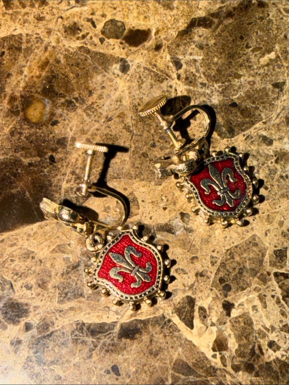 Vintage Red and Gold Fleur-de-Lis Shield screw Clip-On Earrings Fleurdelis posts